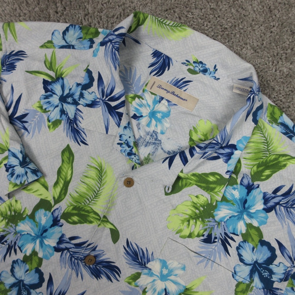 Tommy‎ Bahama Shirt Mens 2XL Gray Floral Silk Loop Camp Collar Tropical Aloha